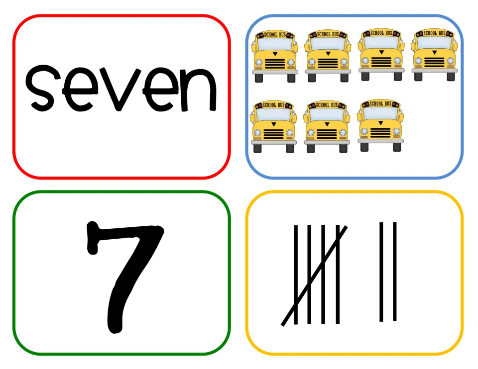 Number seven cards: count seven school buses and pair them with the word seven, numeral 7 and tally marks of 5 plus 2