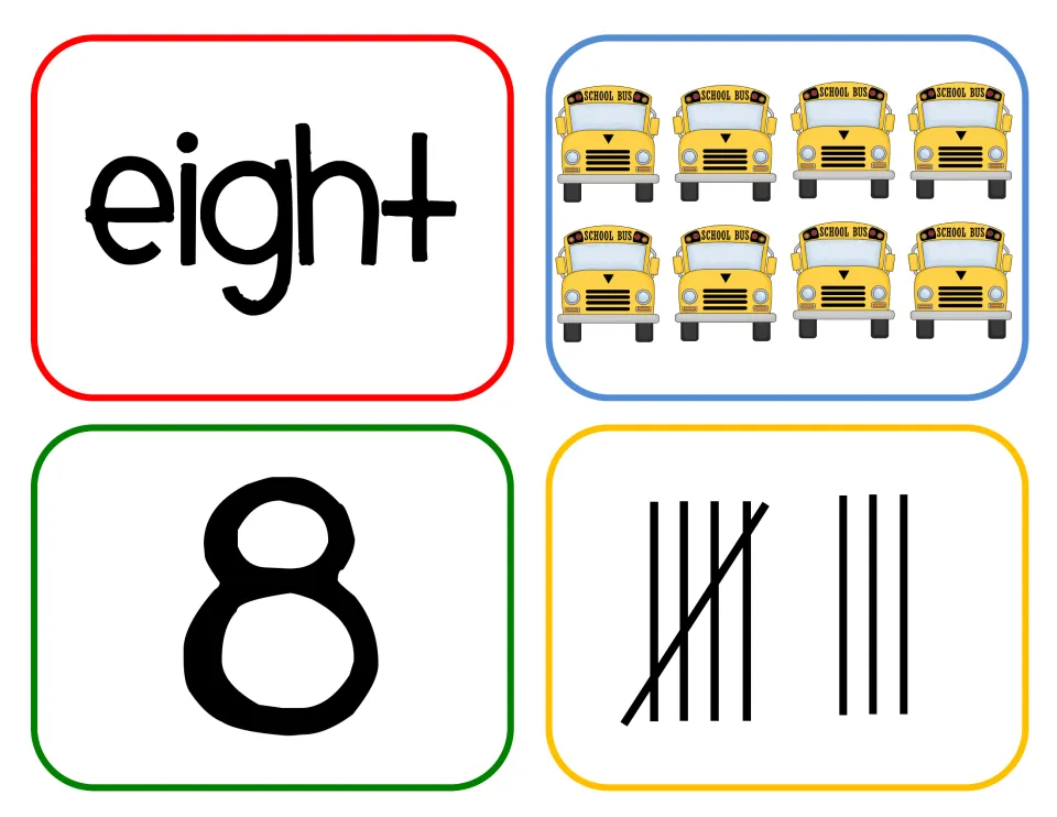 Number eight cards: students match eight counted school buses to the word eight, numeral 8 and a tally of five and three