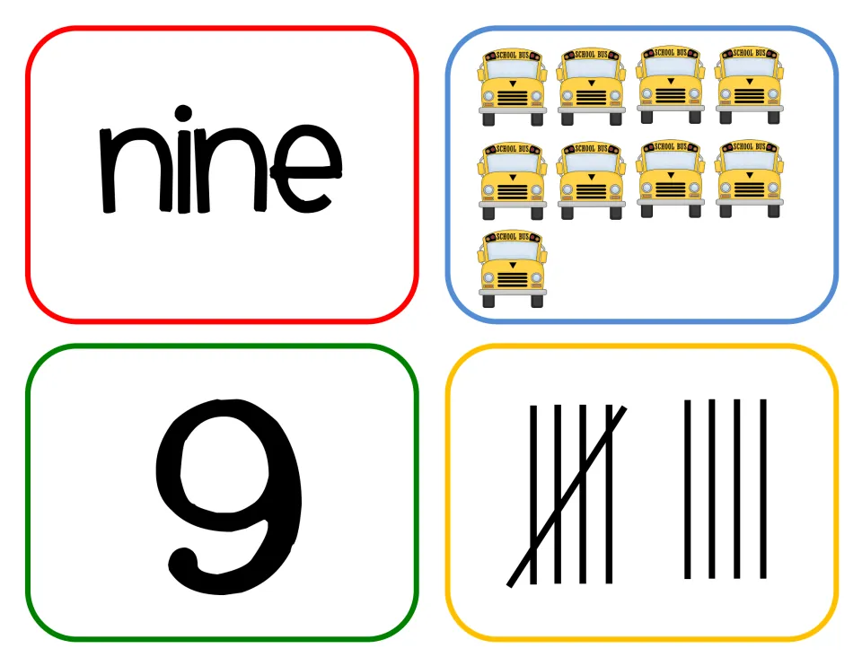 Number nine cards: count nine school buses, then match to the word nine, numeral 9 and a tally group of five plus four