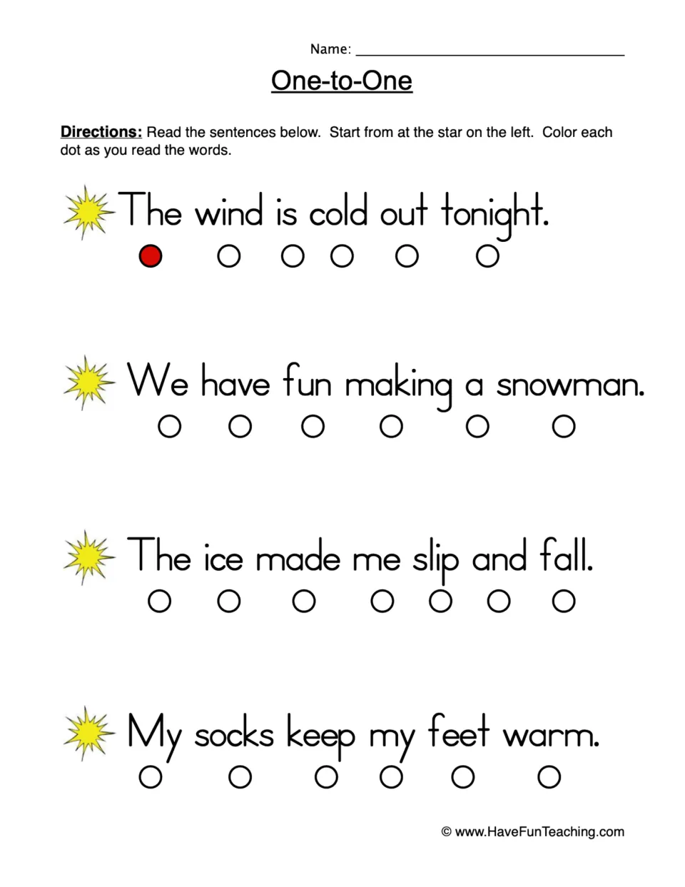One-to-one word matching: students read 4 winter sentences from the star and color a dot under each word they read