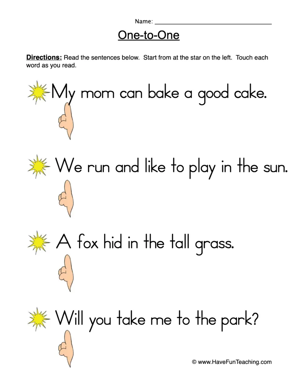 Reading practice sheet with four sentences to track word by word, including 'My mom can bake a good cake.'