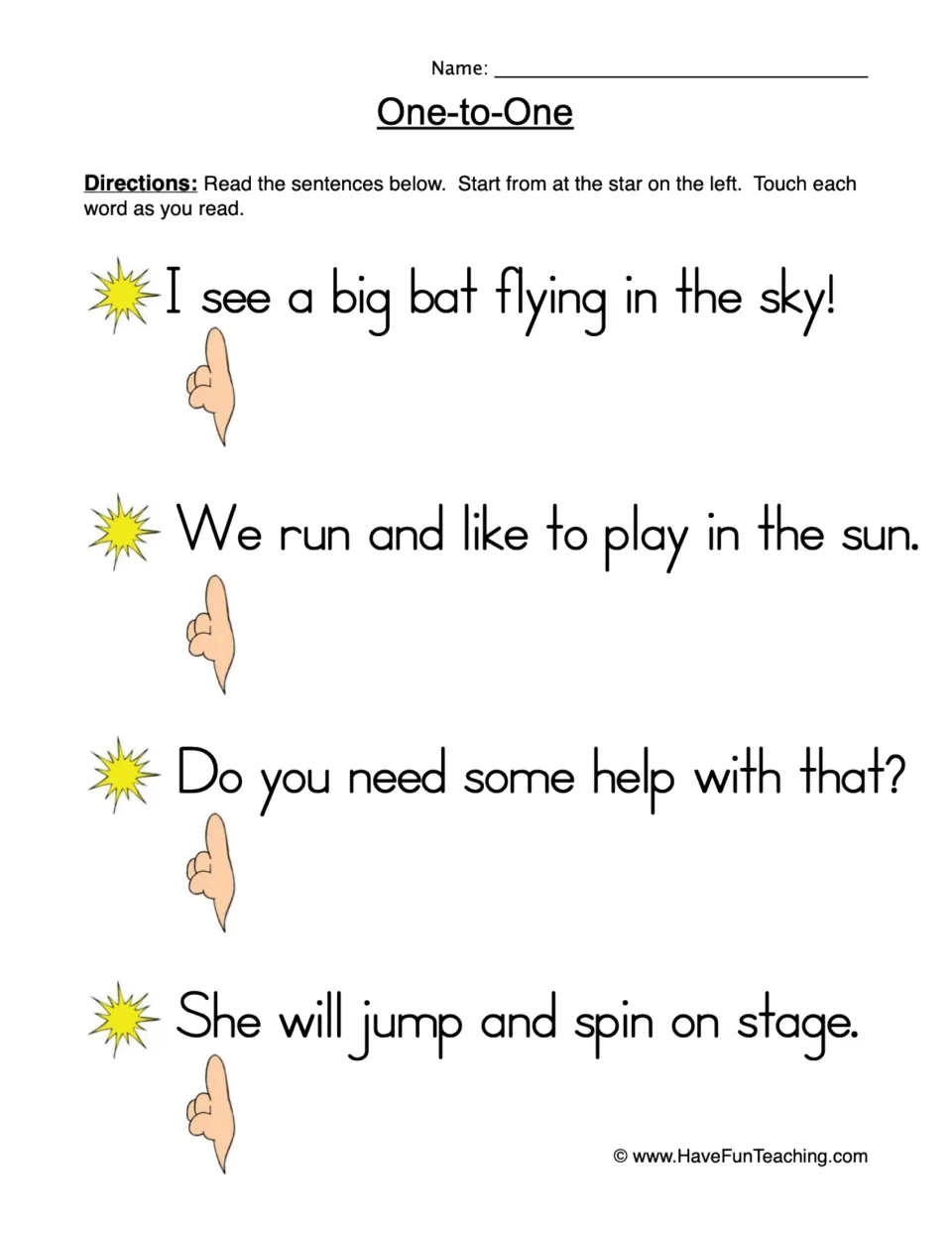 Reading practice sheet with four sentences, including 'I see a big bat flying in the sky!' Touch each word.