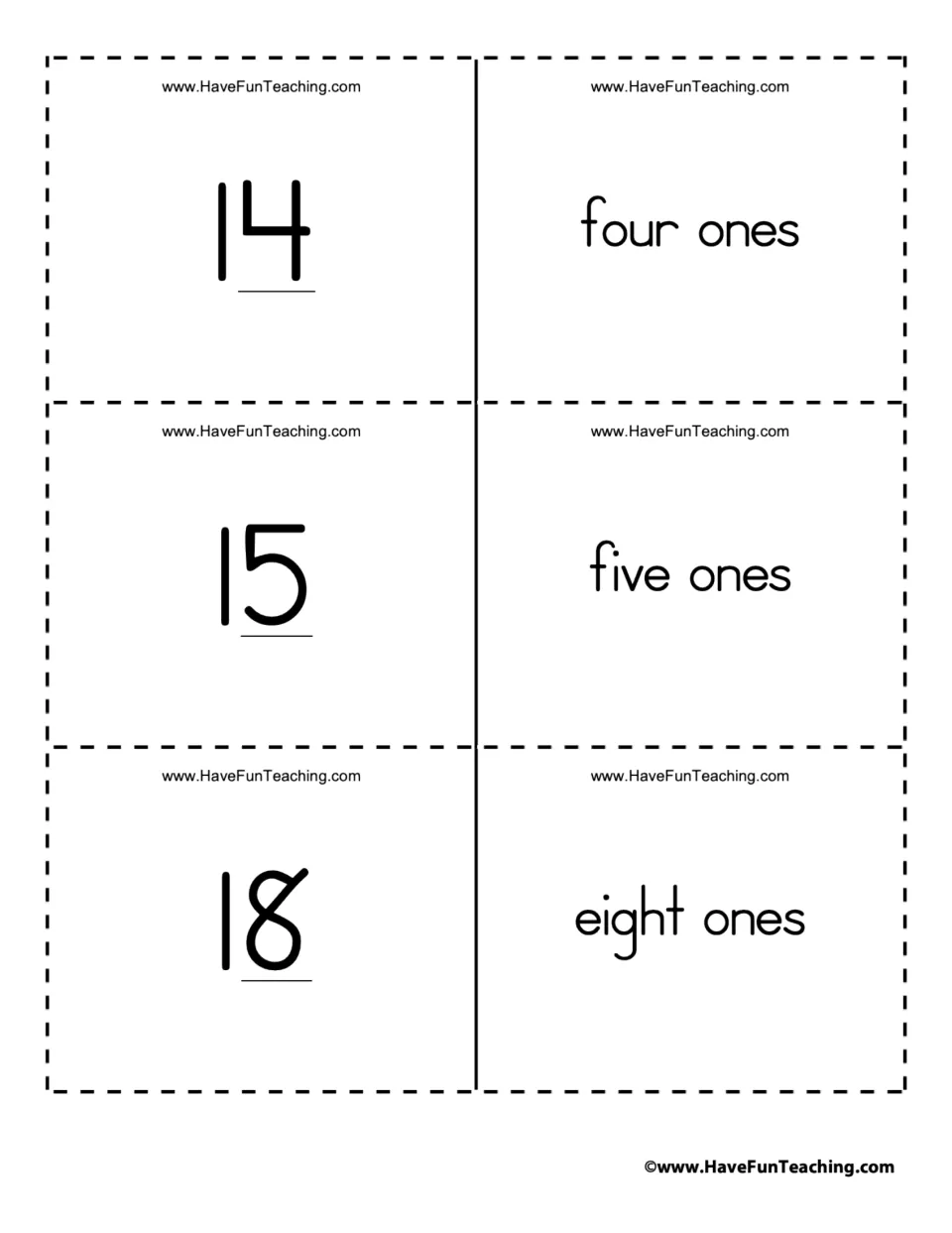 Place value flashcards for the numbers 14, 15, and 18, paired with four ones, five ones, and eight ones.