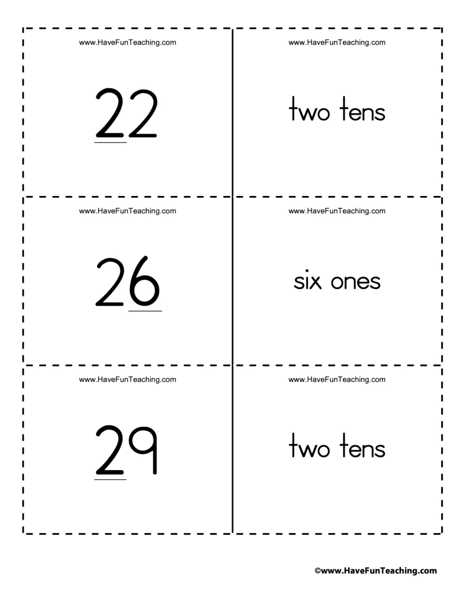 Place value flashcards for the numbers 22, 26, and 29, paired with two tens, six ones, and two tens.