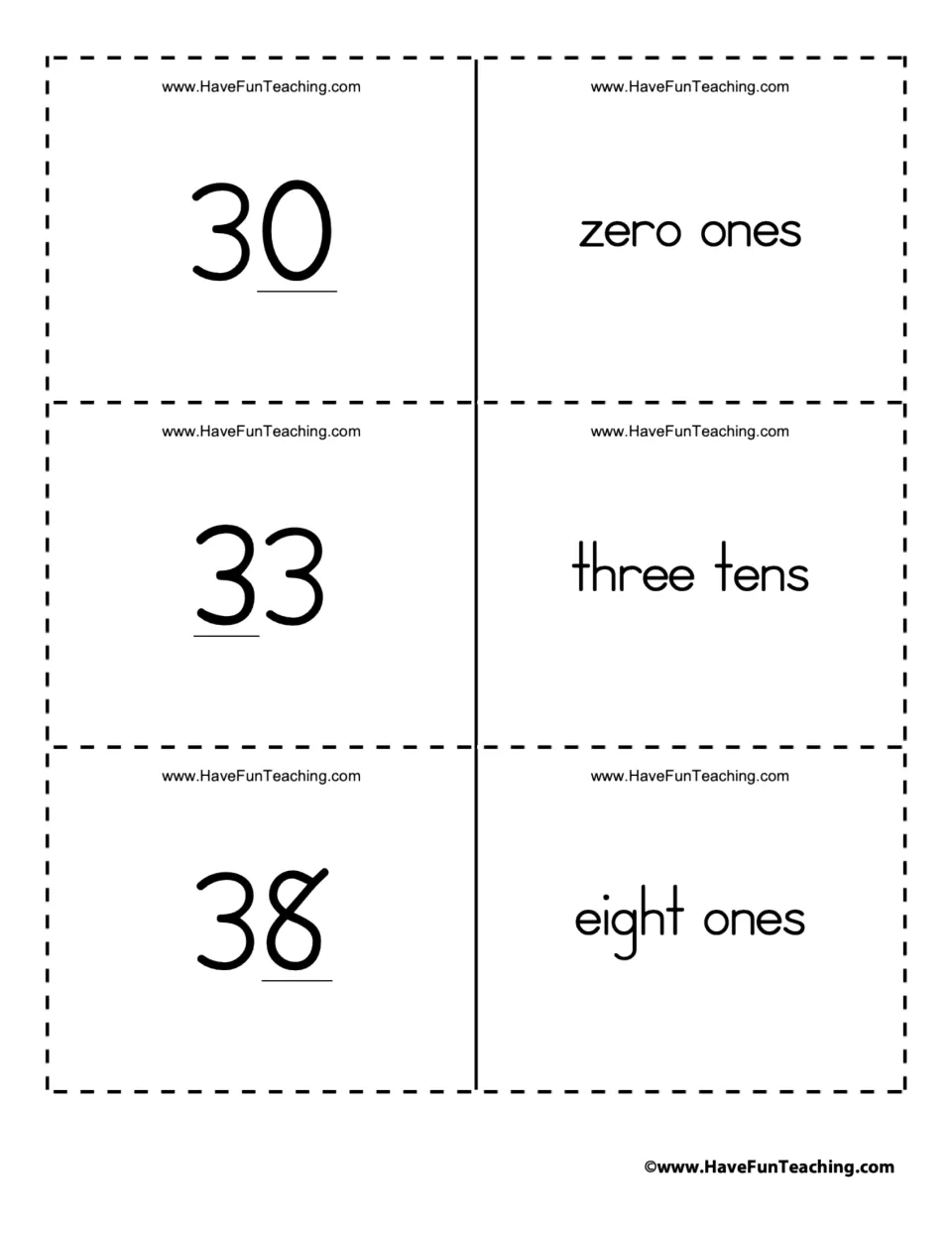 Place value flashcards for the numbers 30, 33, and 38, paired with zero ones, three tens, and eight ones.