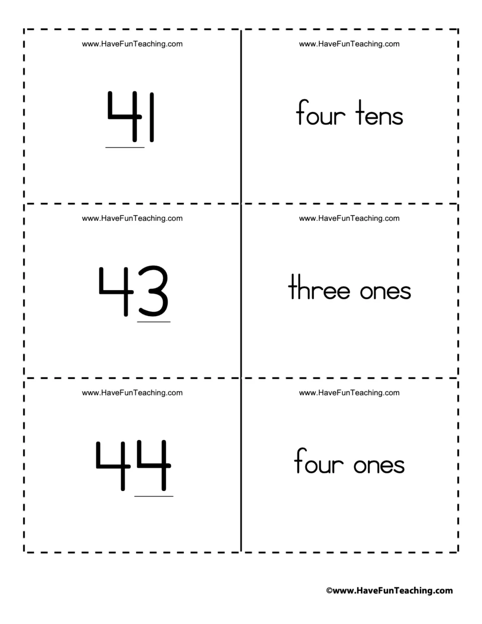 Place value flashcards for the numbers 41, 43, and 44, paired with four tens, three ones, and four ones.