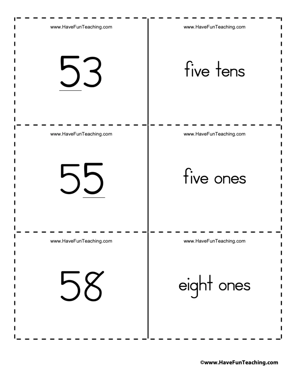 Place value flashcards for the numbers 53, 55, and 58, paired with five tens, five ones, and eight ones.