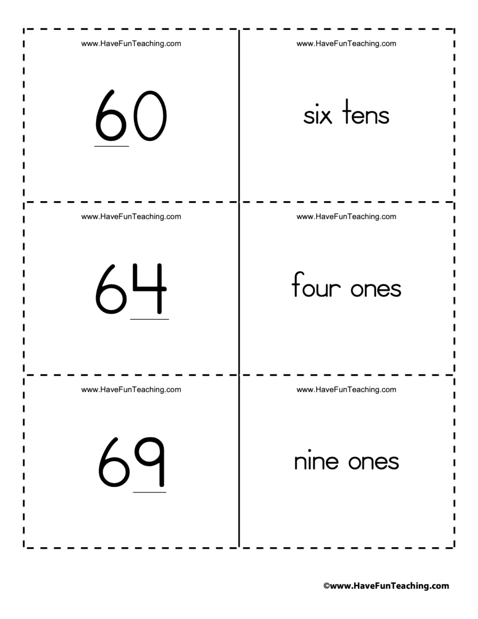 Place value flashcards for the numbers 60, 64, and 69, paired with six tens, four ones, and nine ones.