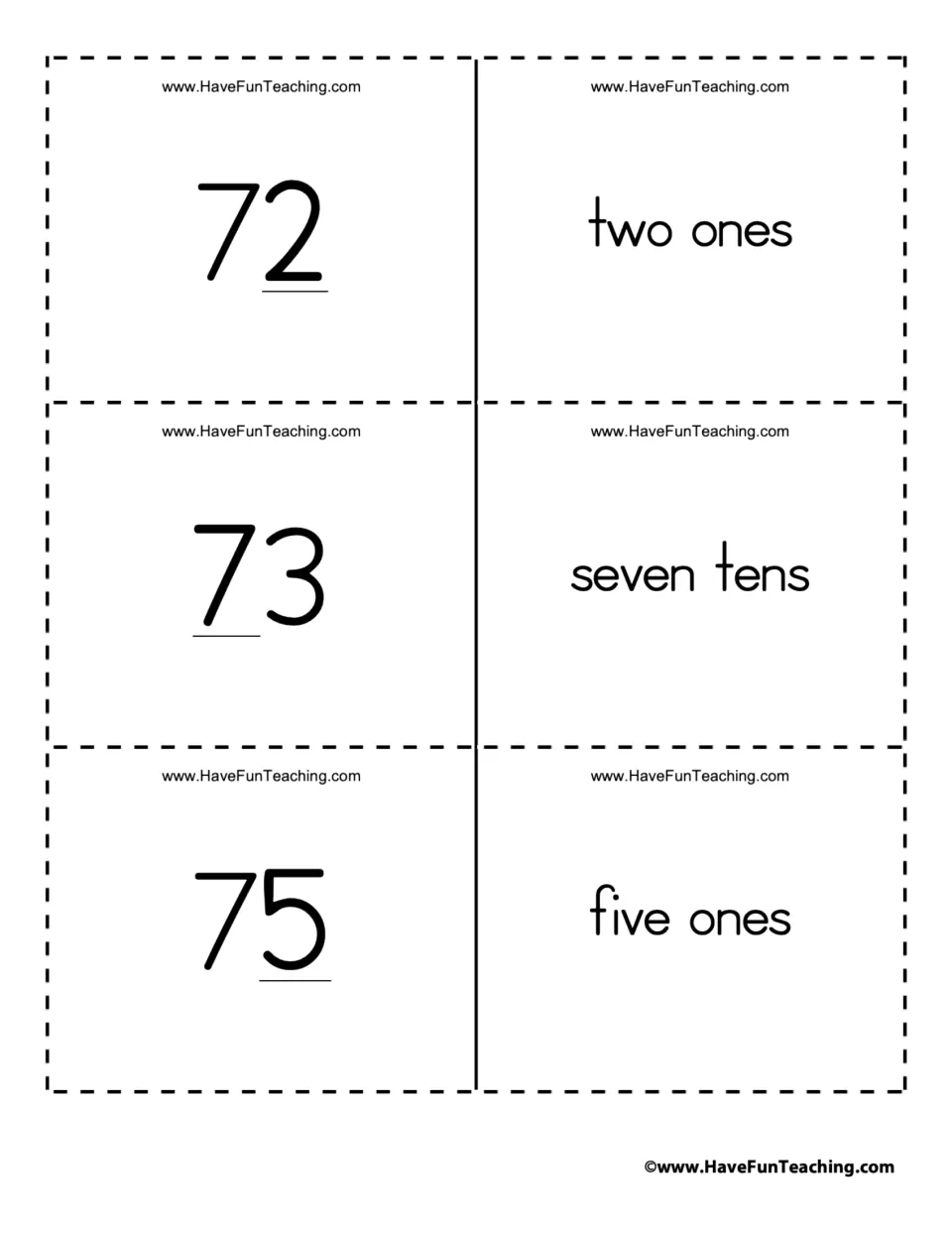 Place value flashcards for the numbers 72, 73, and 75, paired with two ones, seven tens, and five ones.
