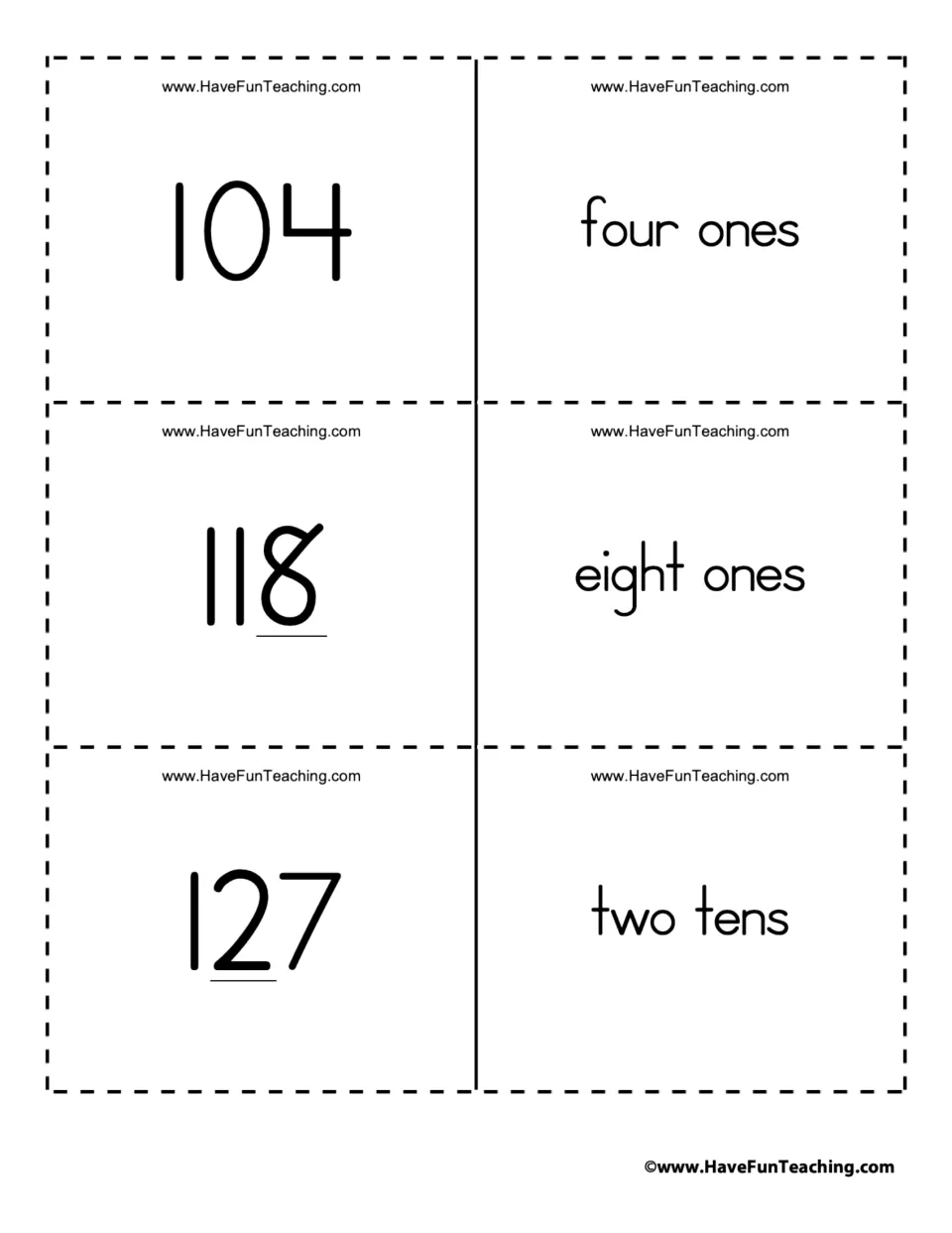 Place value flashcards for the numbers 104, 118, and 127, paired with four ones, eight ones, and two tens.