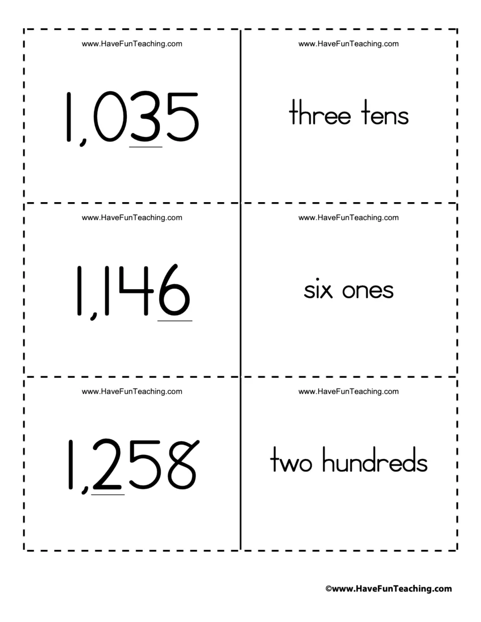 Place value cards pairing 1,035, 1,146 and 1,258 with three tens, six ones and two hundreds for the underlined digits