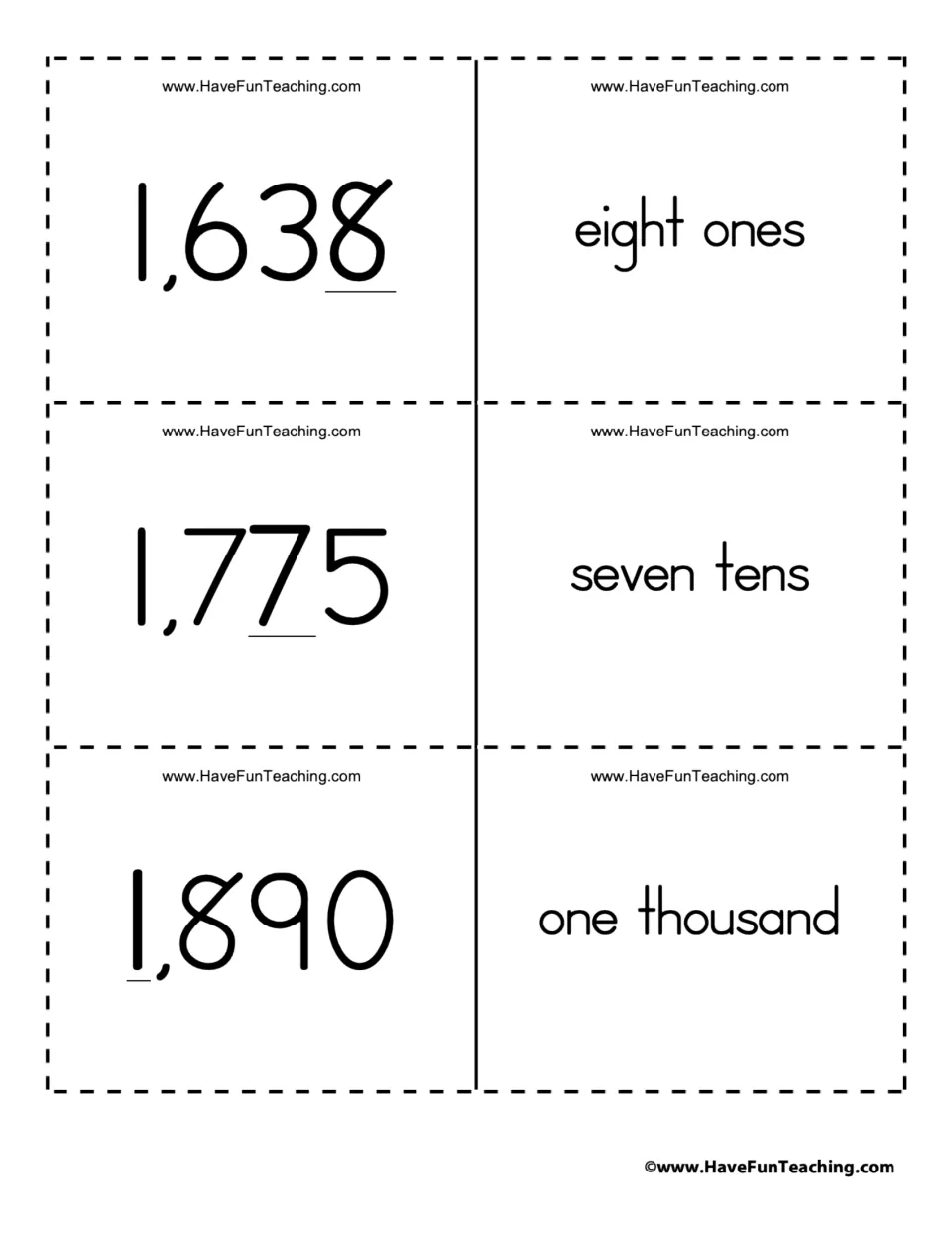 Place value cards pairing 1,638, 1,775 and 1,890 with eight ones, seven tens and one thousand for underlined digits