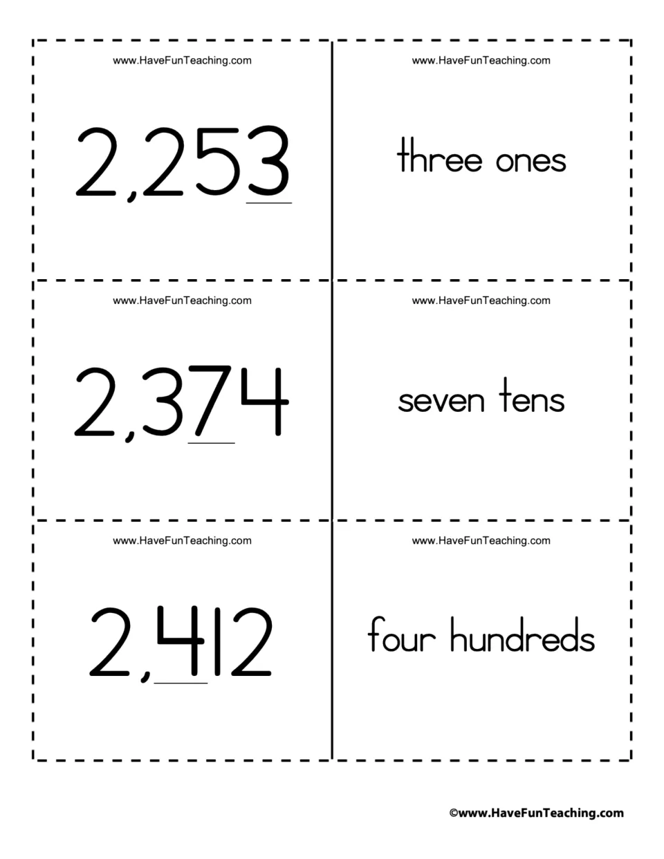 Place value cards pairing 2,253, 2,374 and 2,412 with three ones, seven tens and four hundreds for underlined digits
