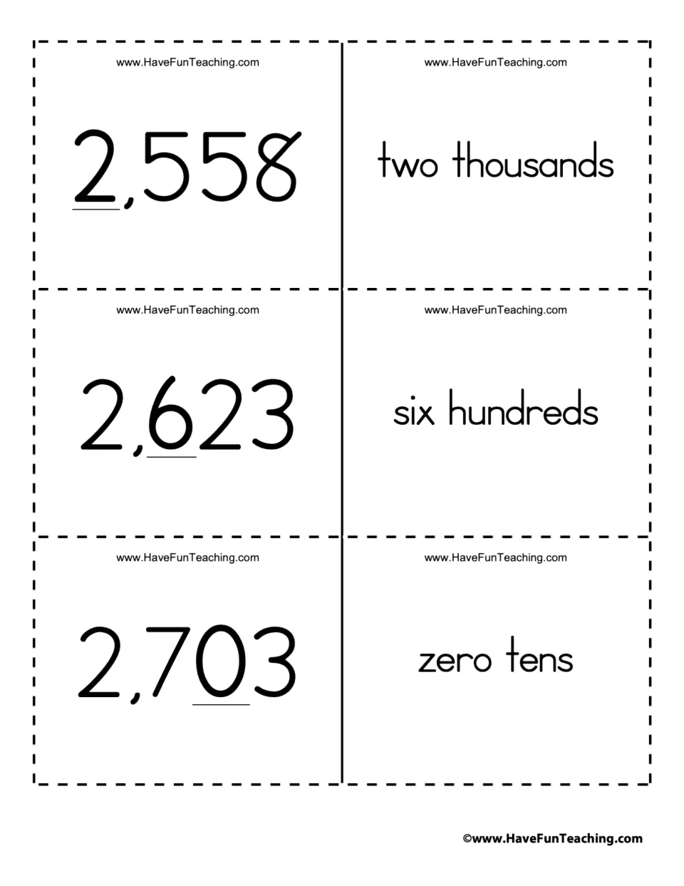 Place value cards pairing 2,558, 2,623 and 2,703 with two thousands, six hundreds and zero tens for underlined digits
