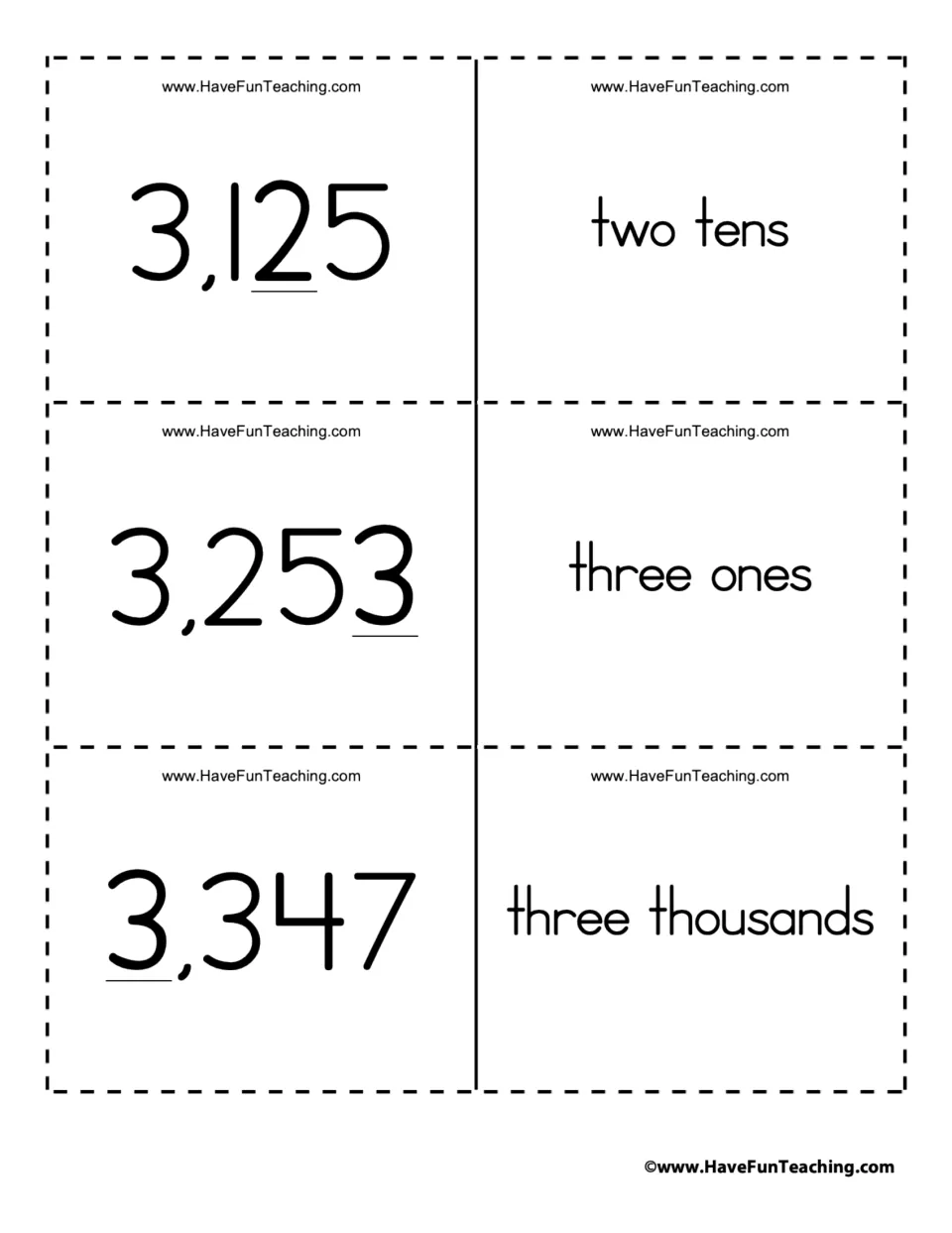Place value cards pairing 3,125, 3,253 and 3,347 with two tens, three ones and three thousands for underlined digits