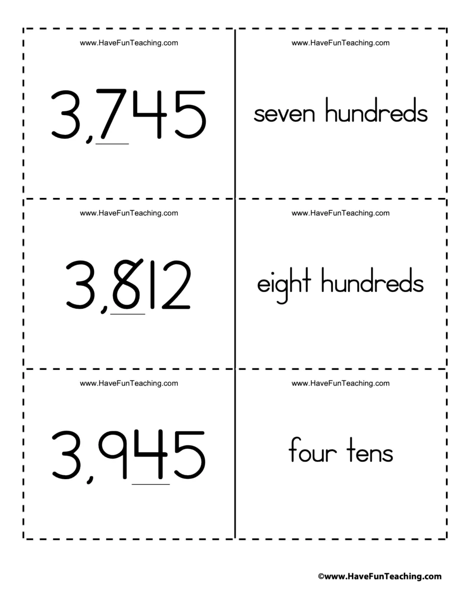 Place value cards pairing 3,745, 3,812 and 3,945 with seven hundreds, eight hundreds and four tens for underlined digits