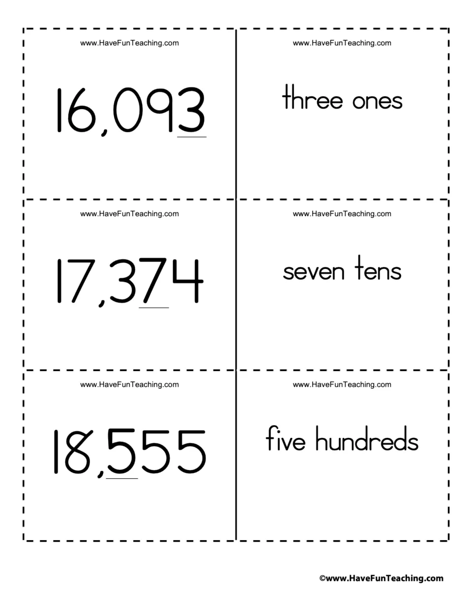 Place value flashcard pairs 7–9: 16,093 (3 ones), 17,374 (7 tens), and 18,555 (5 hundreds).