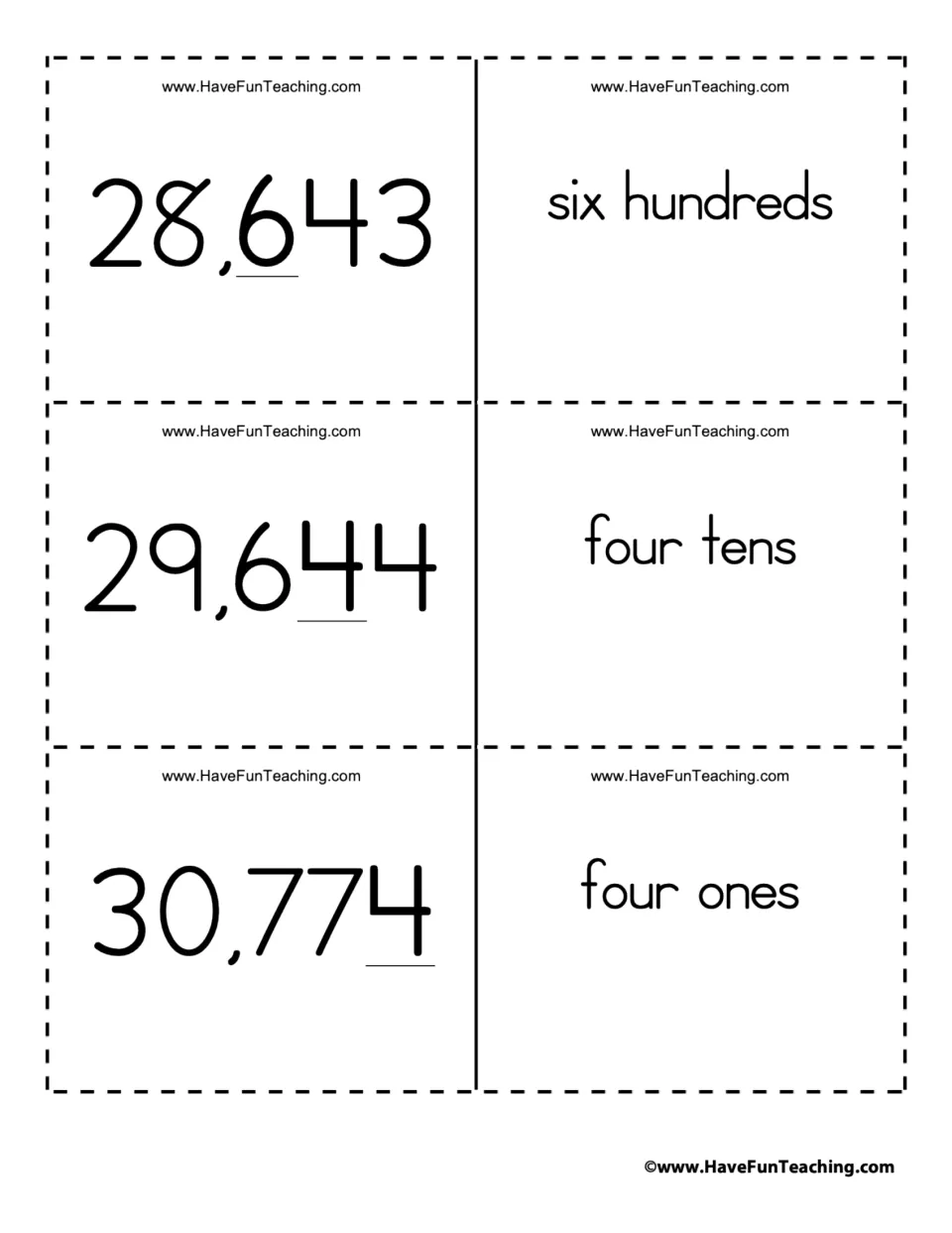 Place value flashcard pairs 19–21: 28,643 (6 hundreds), 29,644 (4 tens), and 30,774 (4 ones).