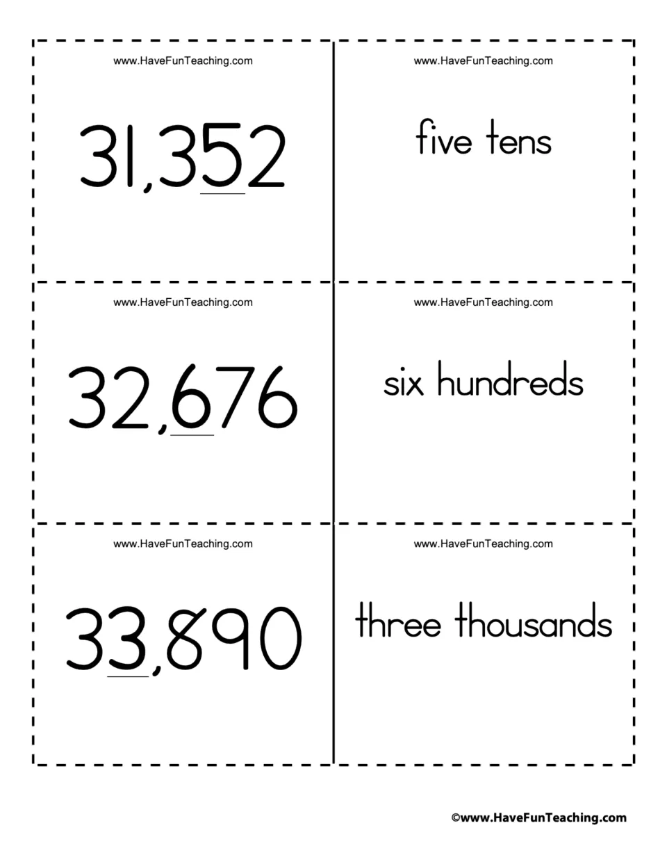 Place value flashcard pairs 22–24: 31,352 (5 tens), 32,676 (6 hundreds), and 33,890 (3 thousands).