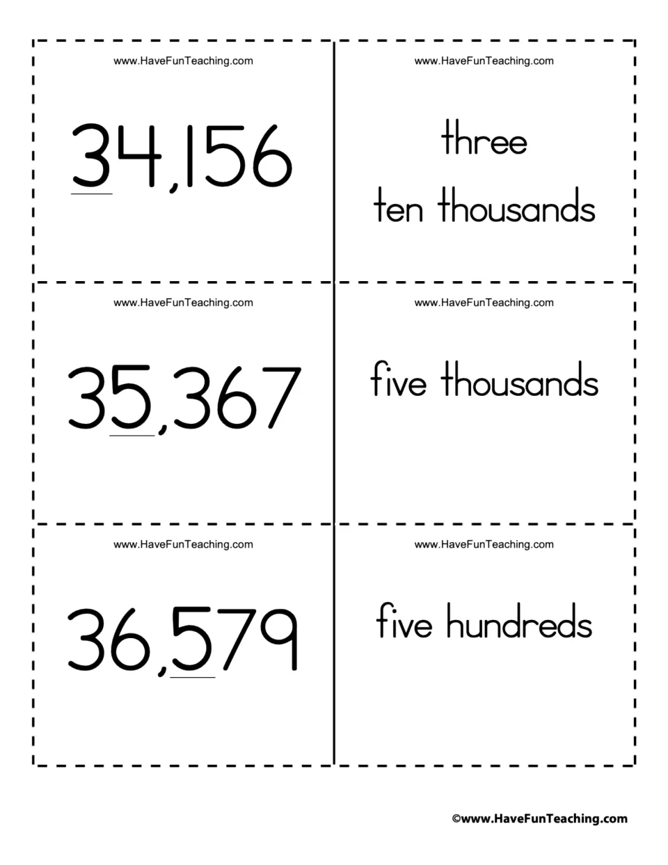 Place value flashcard pairs 25–27: 34,156 (3 ten thousands), 35,367 (5 thousands), and 36,579 (5 hundreds).