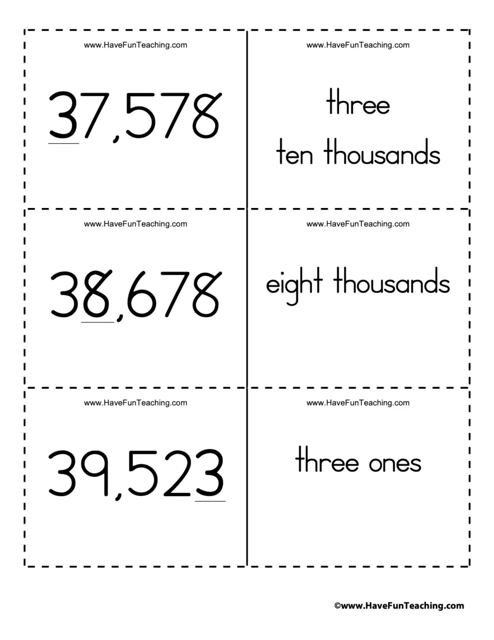 Place value flashcard pairs 28–30: 37,578 (3 ten thousands), 38,678 (8 thousands), and 39,523 (3 ones).