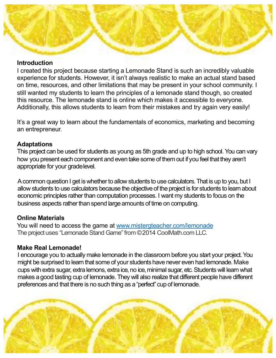 Teacher introduction explaining the online game, calculator use, the web link and a make-real-lemonade tasting idea