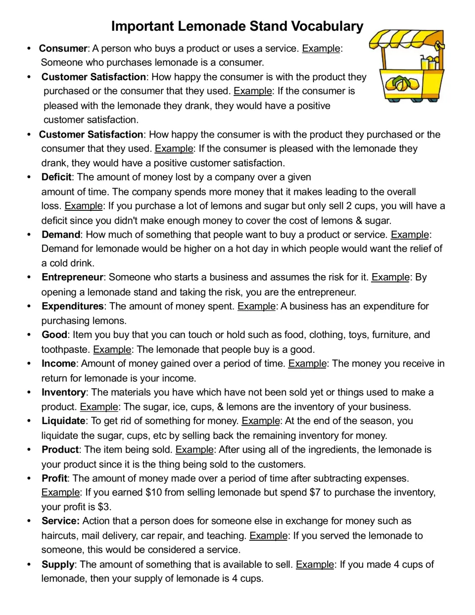 Economics vocabulary list defining consumer, deficit, demand, entrepreneur, inventory, profit, supply and more