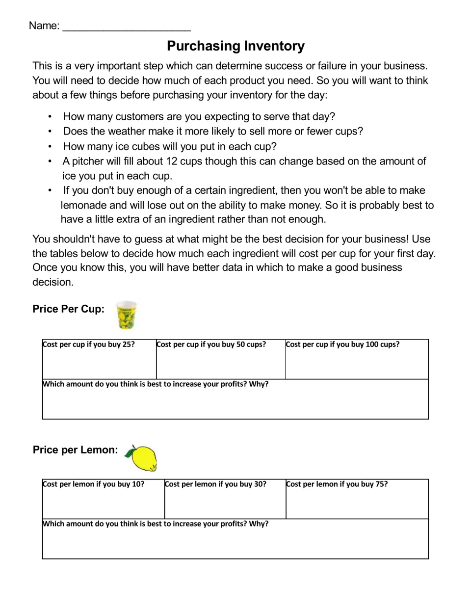 Purchasing Inventory: students work out cost per cup and per lemon at three bulk amounts and explain which to buy