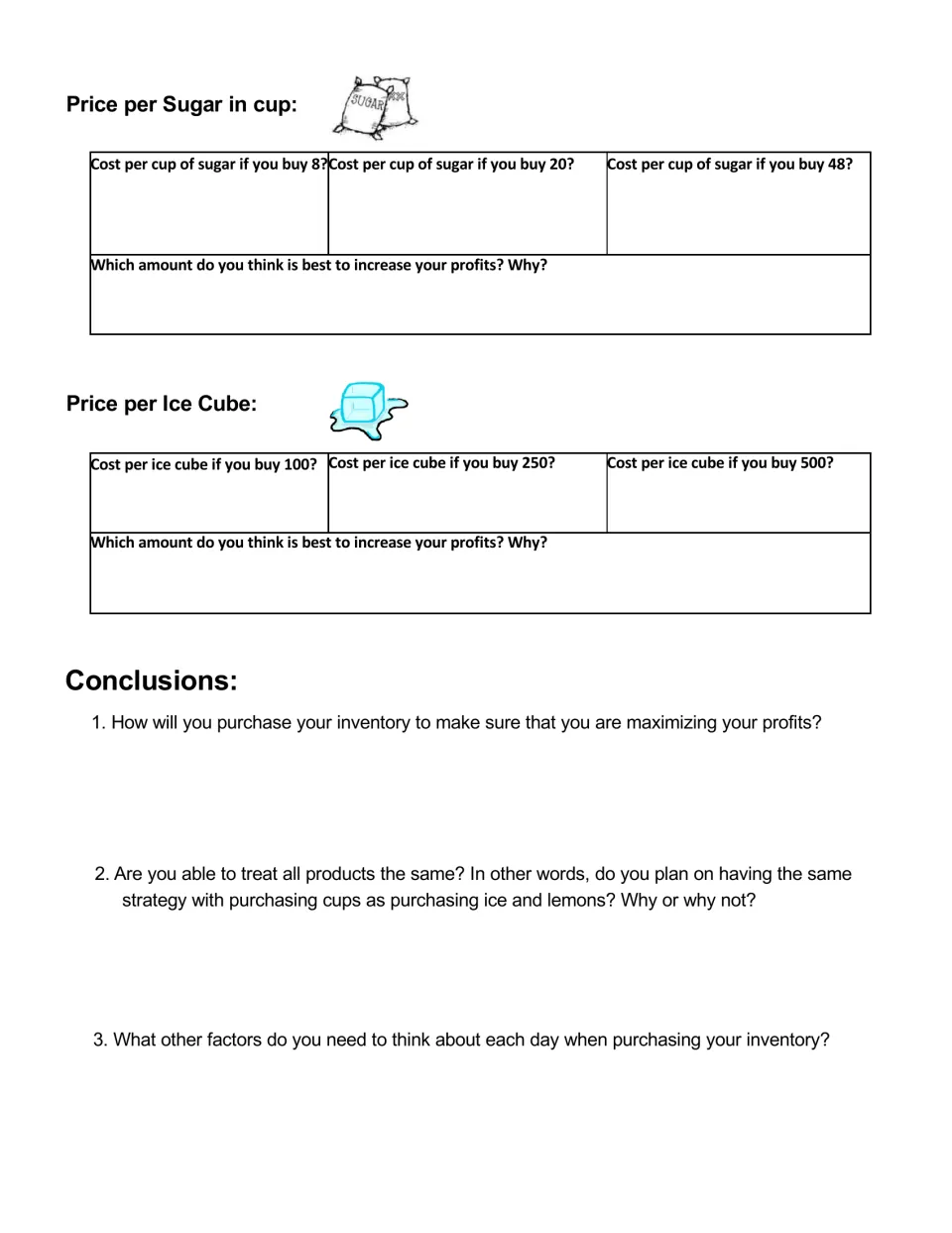 Sugar and ice cube unit costs at three bulk amounts, then conclusions questions on buying strategy to maximize profit
