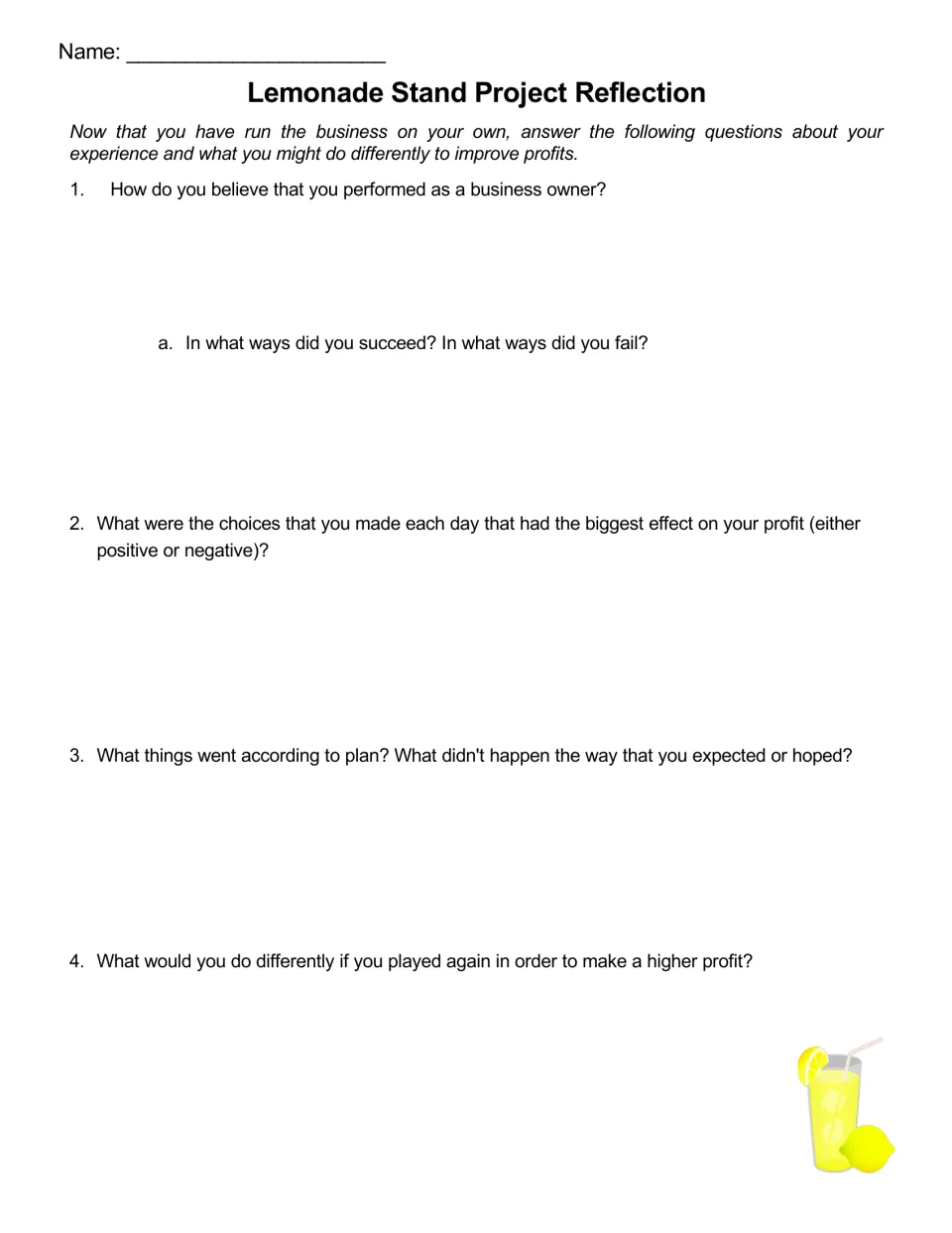 Reflection questions 1-4: students judge their performance, key daily choices and what they would change next time