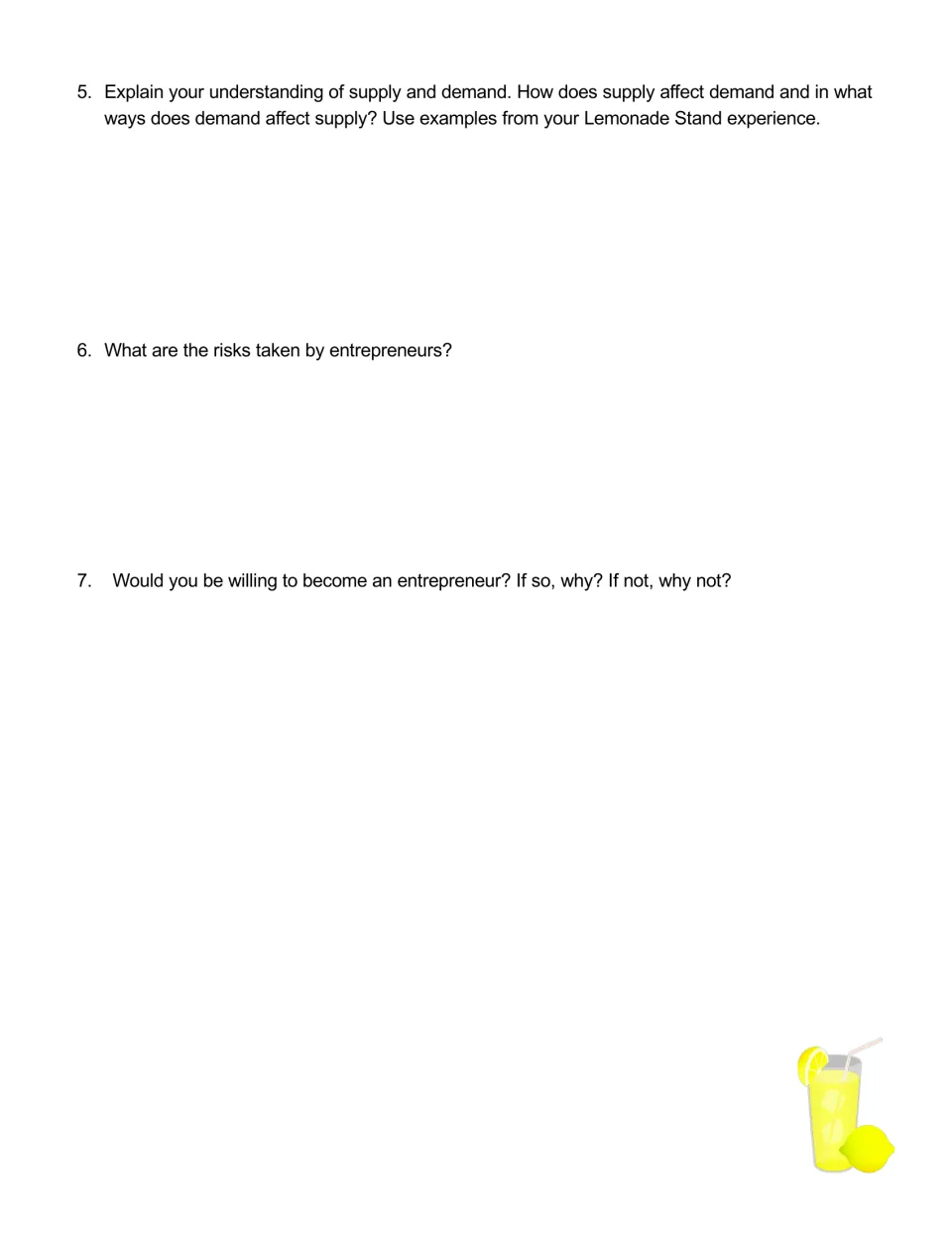 Reflection questions 5-7 on supply and demand, the risks entrepreneurs take and whether students would start a business