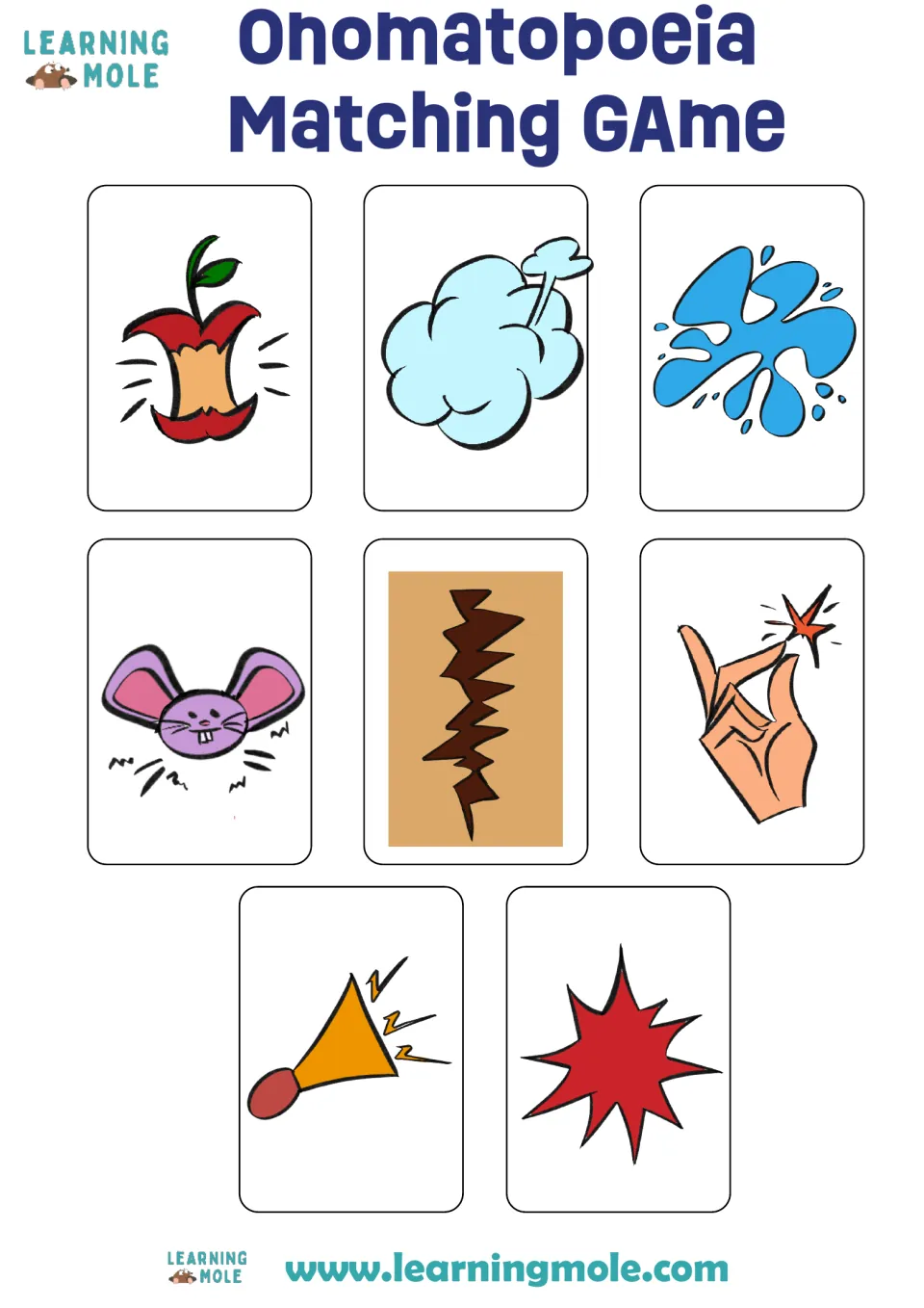 Onomatopoeia matching picture cards: 8 drawings, such as an apple core, splash, mouse and horn, to cut out and match