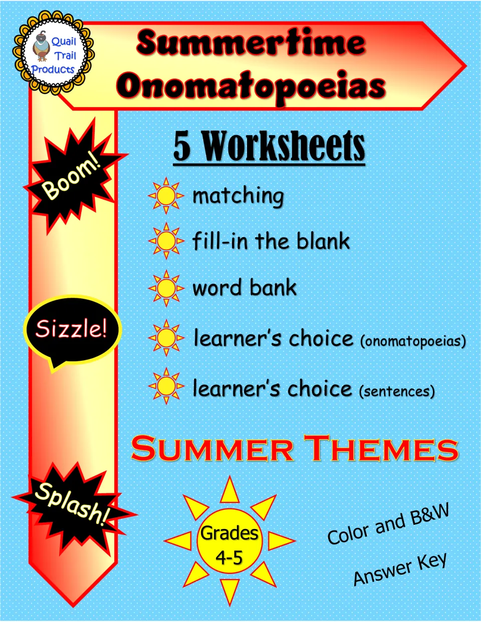 Summertime Onomatopoeias cover listing 5 worksheets: matching, fill-in the blank, word bank and two learner's choice