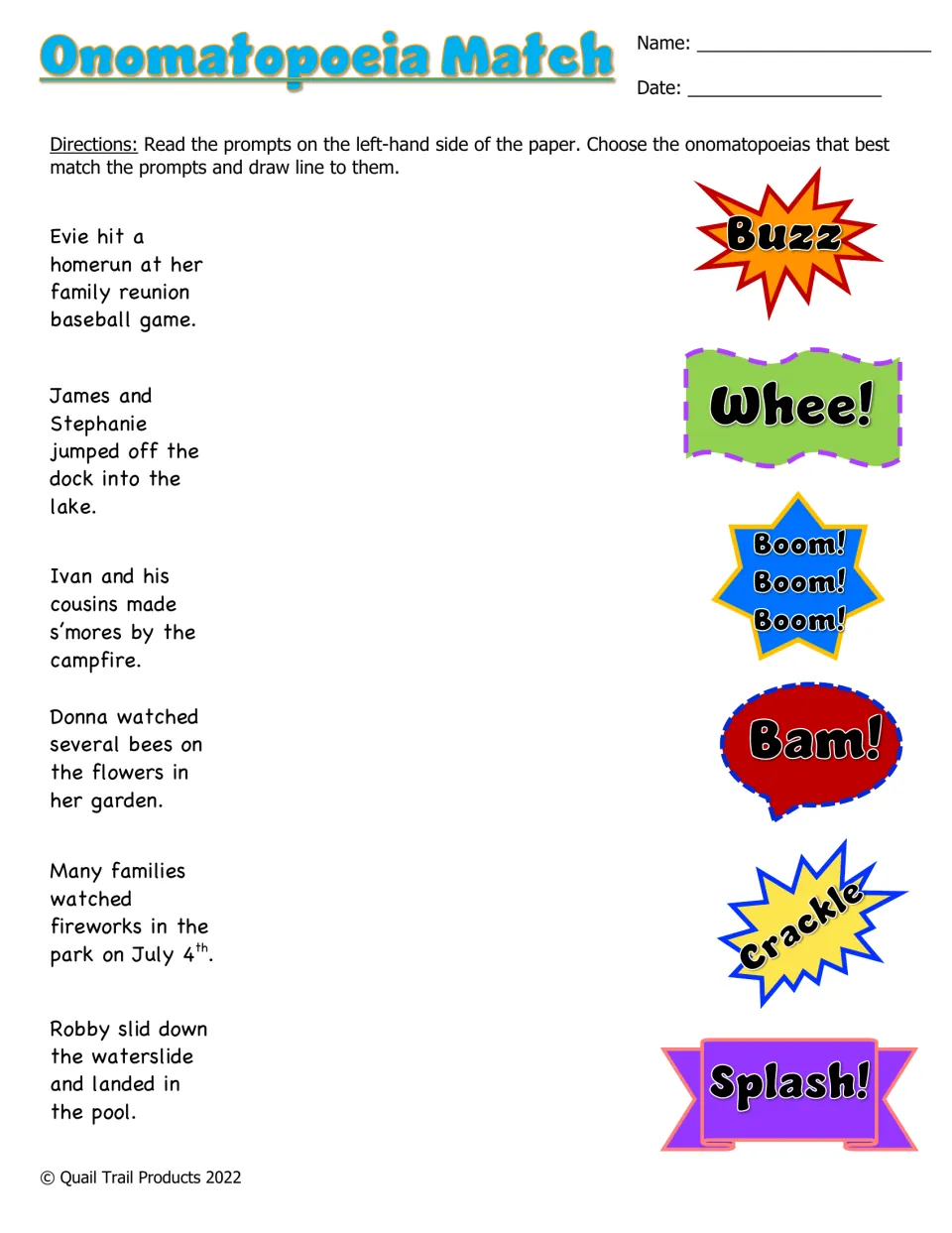 Onomatopoeia Match: students read six summer sentences and draw a line to Buzz, Whee!, Boom!, Bam!, Crackle or Splash!