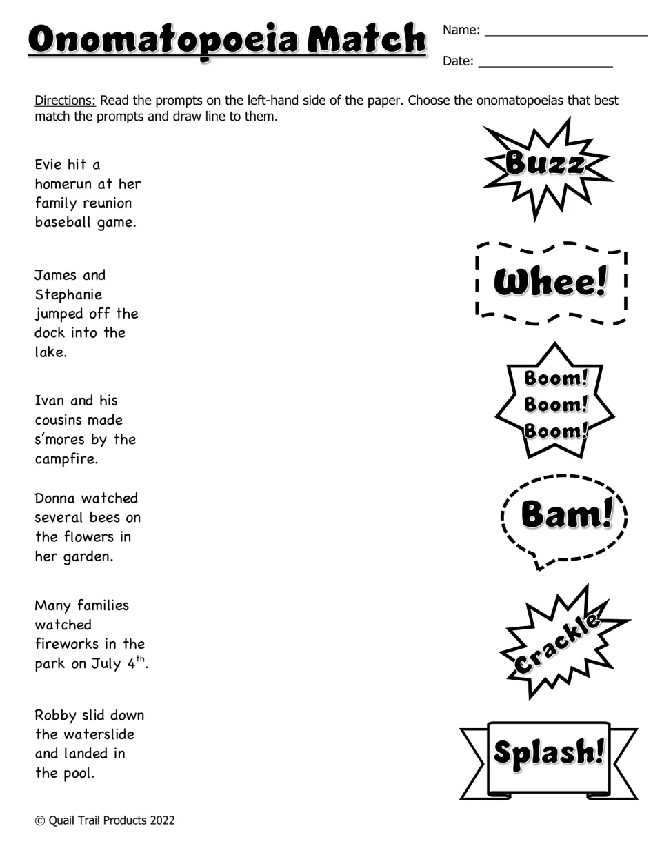 Onomatopoeia Match in black and white: students draw lines from six summer sentences to sound words like Buzz
