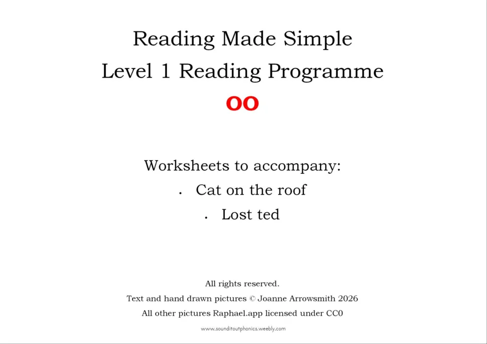 OO worksheet packet cover for Level 1 reading, accompanying the stories Cat on the Roof and Lost Ted