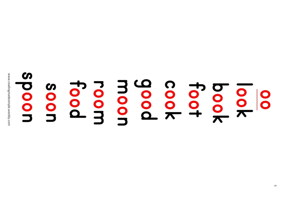 OO word list for reading practice: look, book, foot, cook, good, moon, room, food, soon, and spoon