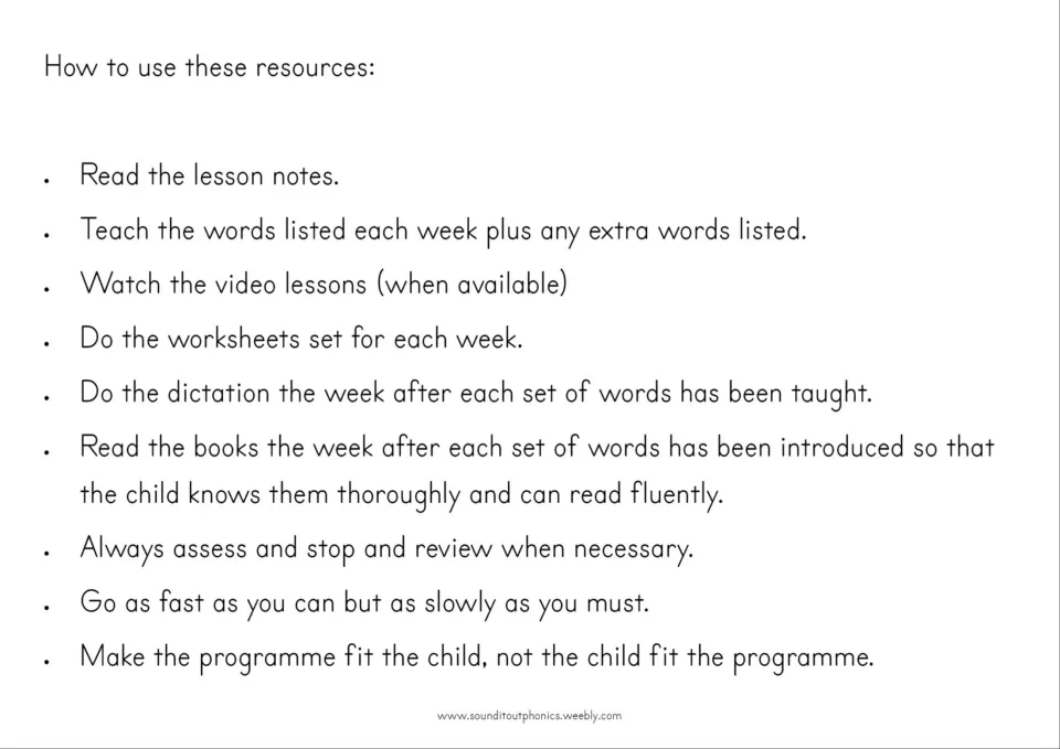 Resource directions explain weekly word teaching, worksheets, later dictation and reading, and review