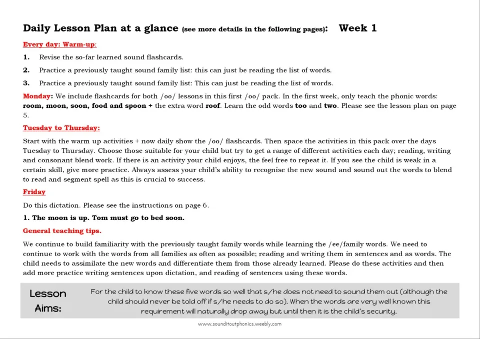 Week 1 OO lesson overview teaches room, moon, soon, food, spoon, and roof, with a Friday dictation