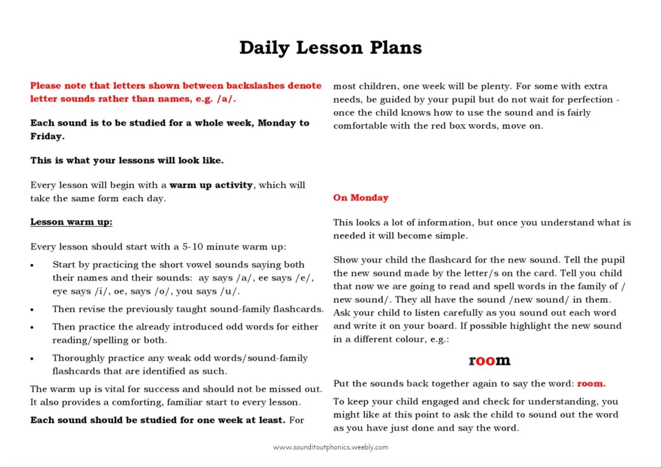 Daily lesson instructions introduce a 5–10 minute warm-up and Monday sound teaching using the word room