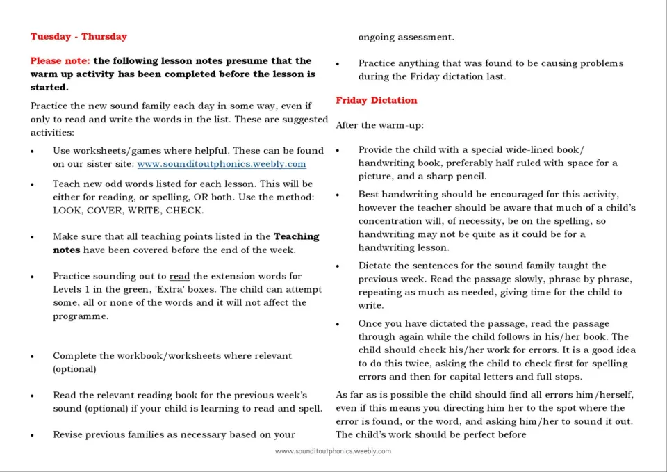 Tuesday–Thursday lesson guidance covers word practice and reading; Friday notes explain sentence dictation