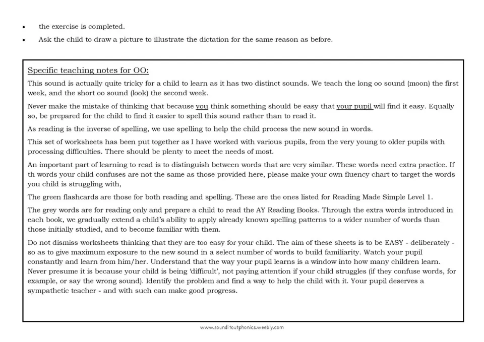 OO teaching notes distinguish long oo in moon from short oo in look and explain green and gray word cards