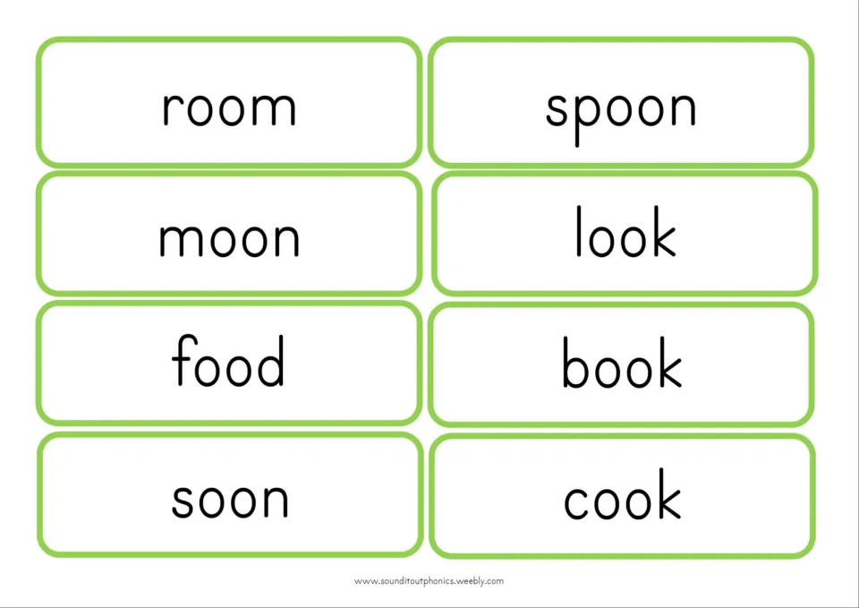 Eight OO reading and spelling flashcards show room, spoon, moon, look, food, book, soon, and cook