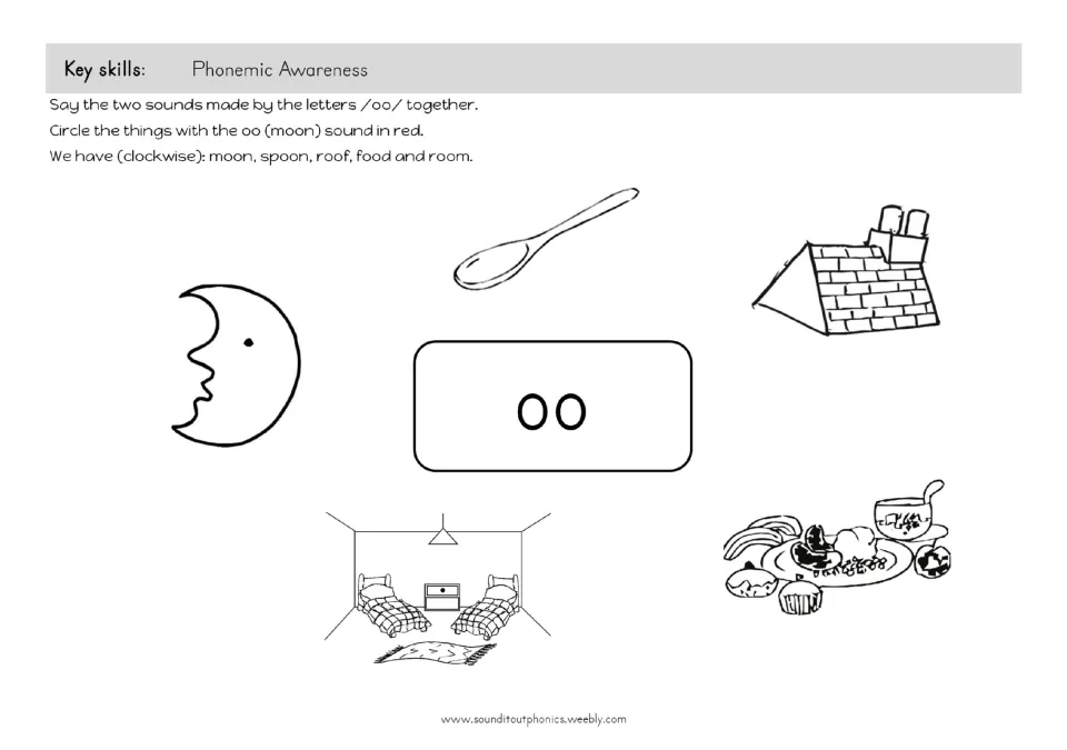 OO sound phonemic awareness: students say /oo/ and circle moon, spoon, roof, food and room pictures in red
