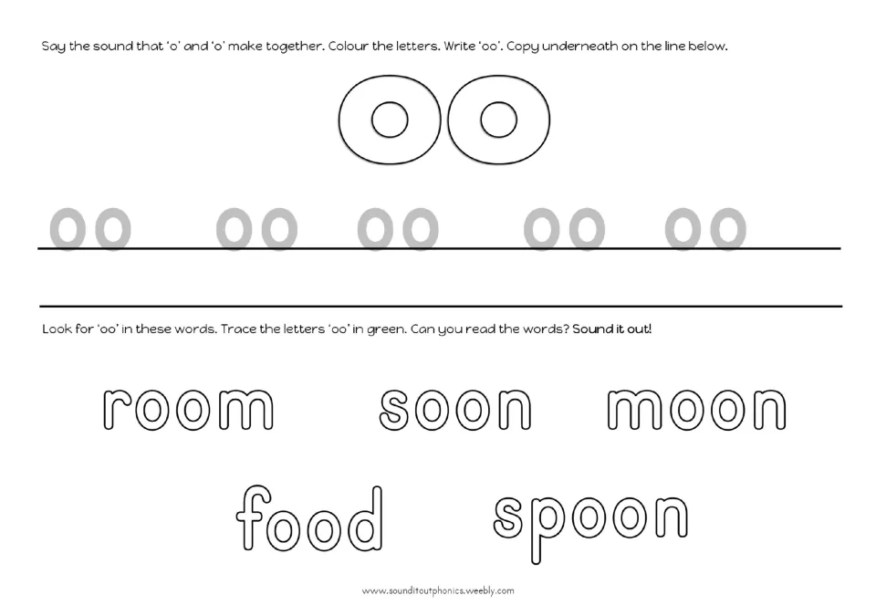 Letters oo: students colour the big oo, write it on the line, then trace oo in green in room, soon, moon, food, spoon