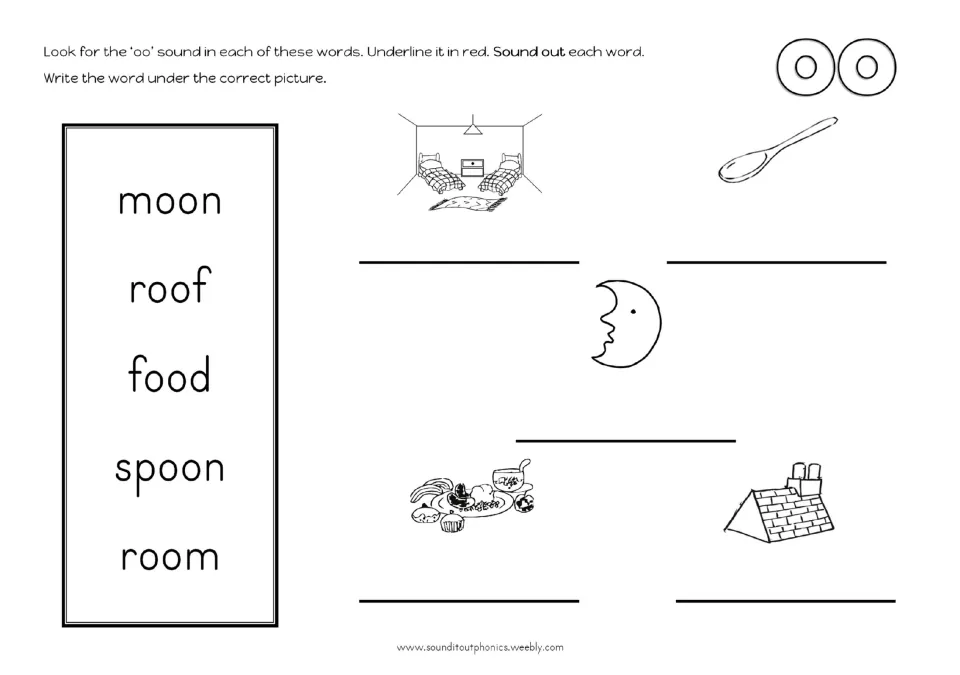 OO word-picture match: students underline oo in moon, roof, food, spoon and room, then write each under its picture