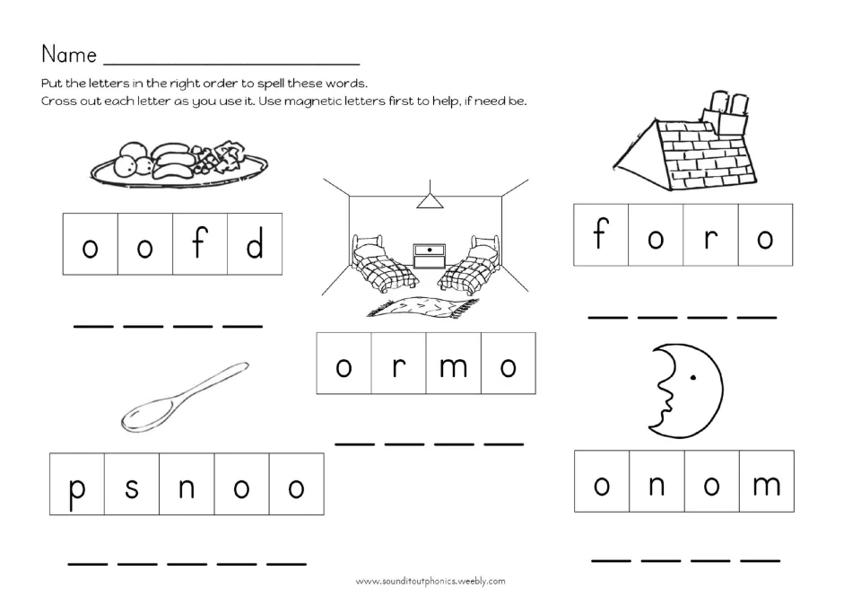 Scrambled oo words: students reorder letters such as o o f d and o n o m to spell food, roof, room, spoon and moon