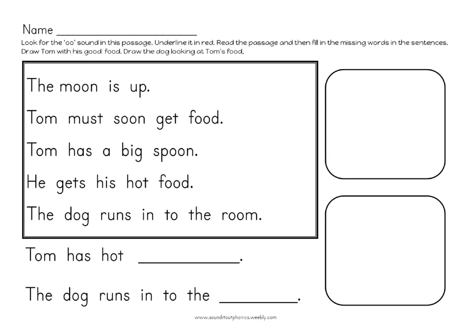 OO reading passage about Tom and his food: students underline oo, fill in two missing words and draw Tom and the dog