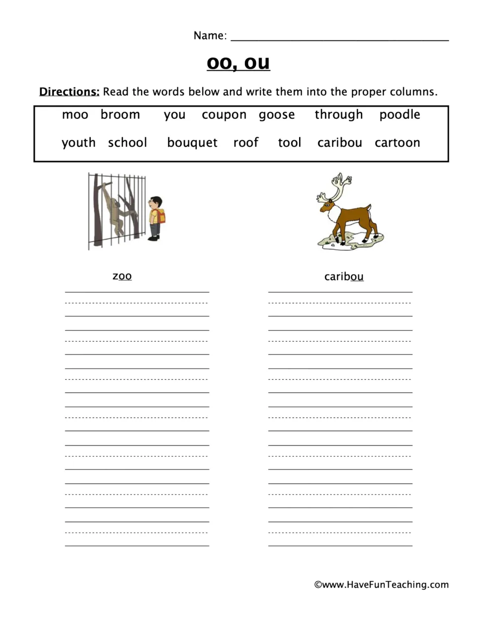 OO and OU word sort: students read 14 words such as broom, coupon and caribou and write each under zoo or caribou