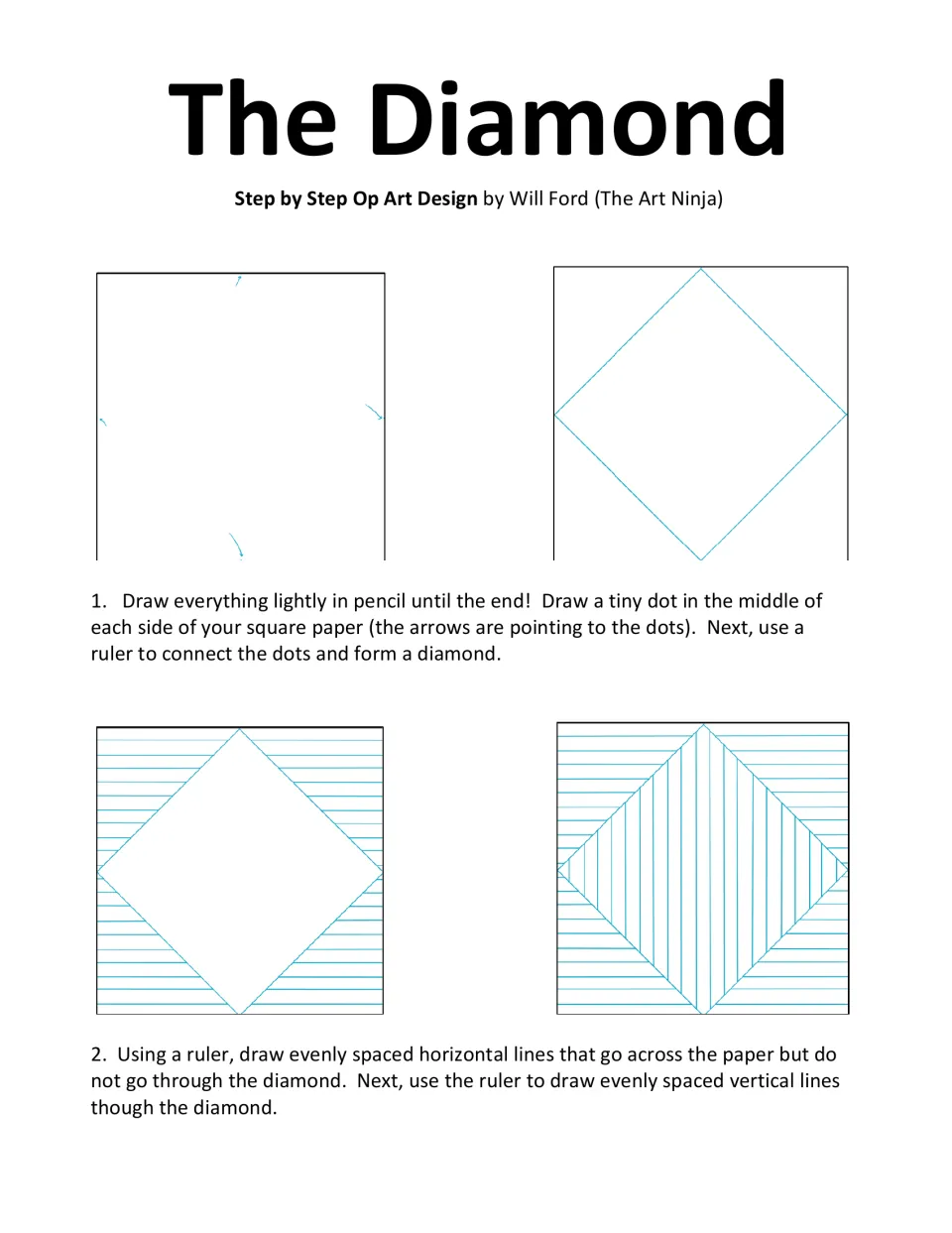 The Diamond op art steps 1-2: students mark side midpoints, connect them into a diamond, then ruler-draw guide stripes